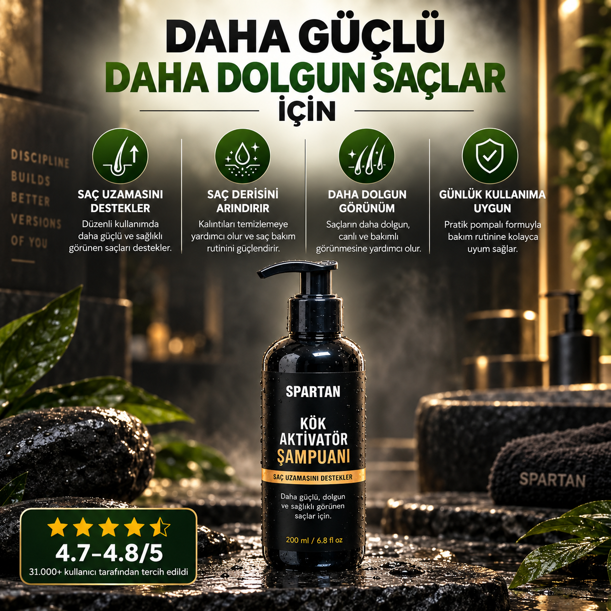 Daha güçlü ve dolgun saç mesajı taşıyan Spartan şampuan görseli