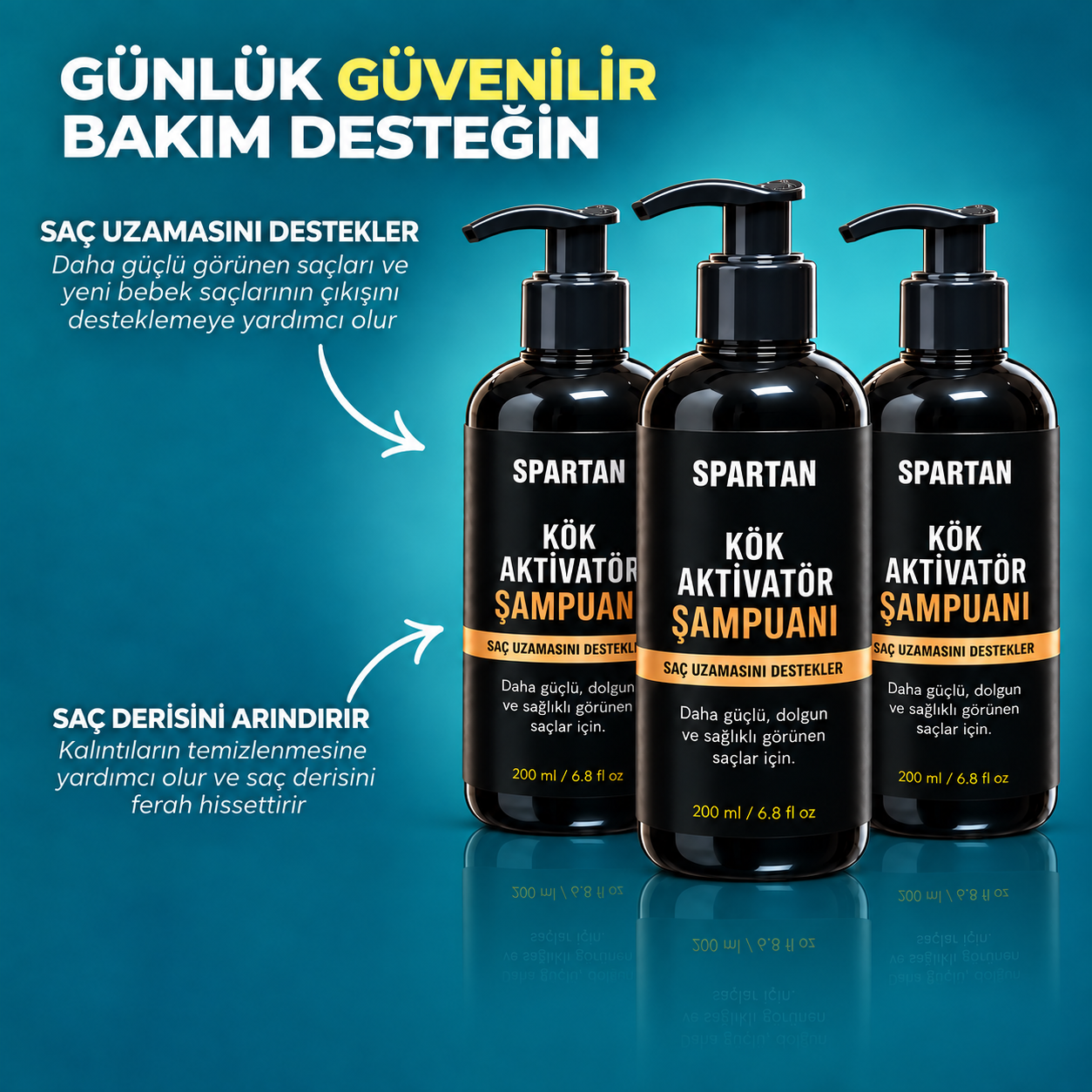 Üç Spartan Kök Aktivatör Şampuan şişesi ve günlük bakım özellikleri