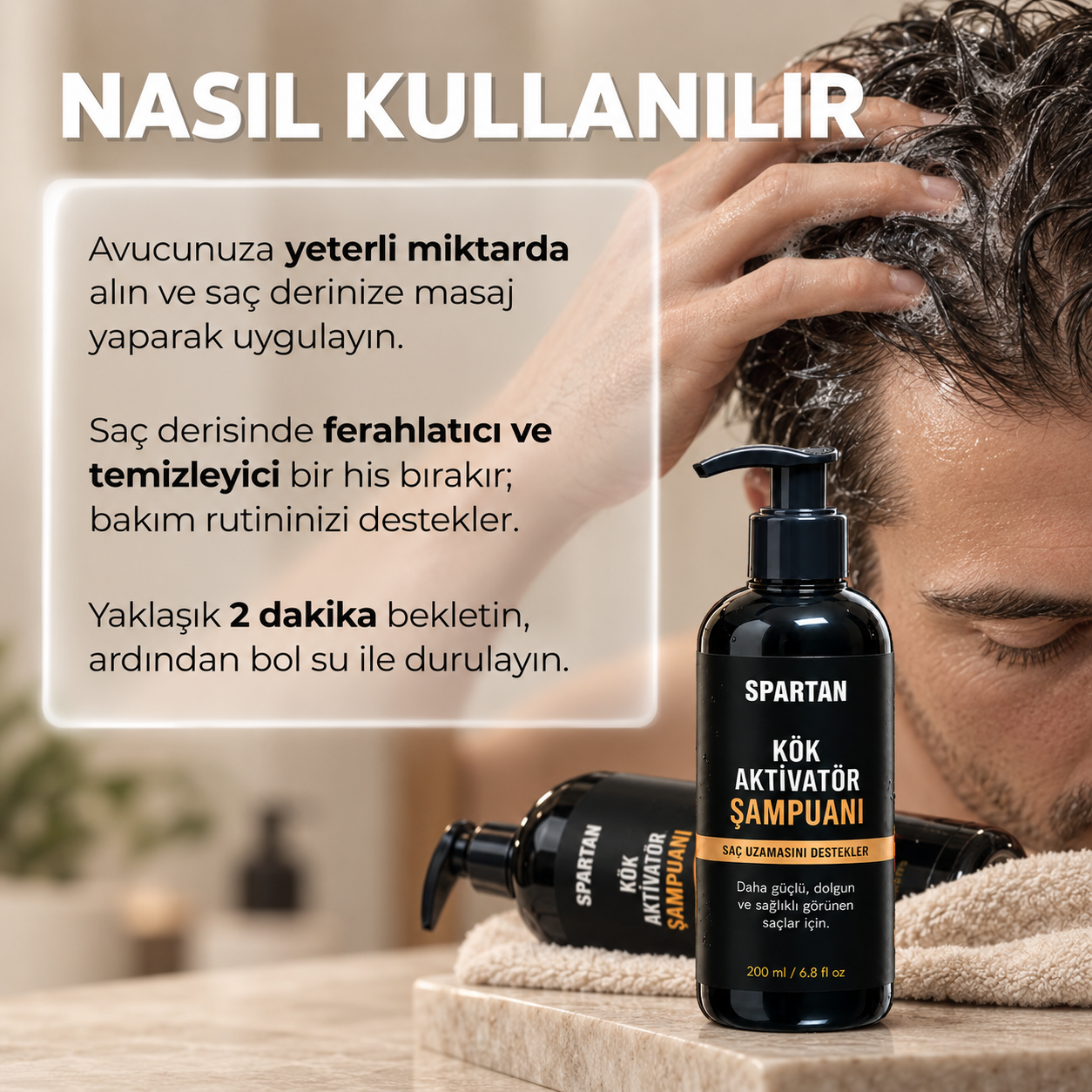 Spartan Kök Aktivatör Şampuanın saç derisine nasıl uygulanacağını anlatan görsel