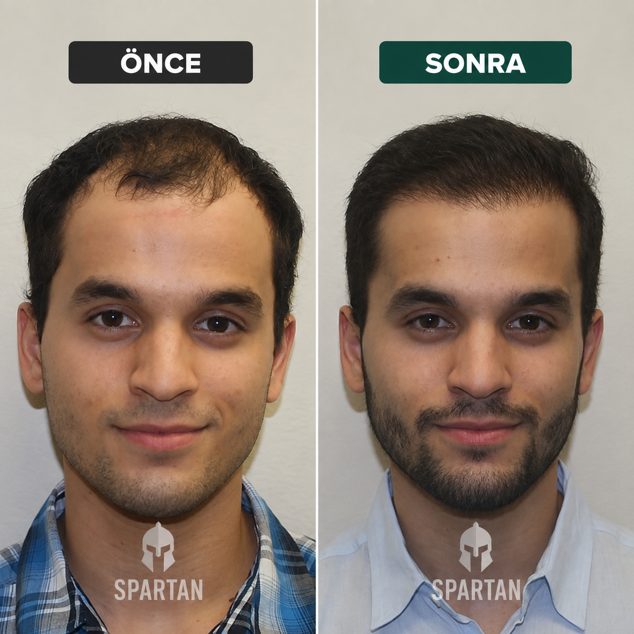 Erkek kullanıcının önden saç ve sakal görünümünü önce ve sonra karşılaştıran fotoğraf